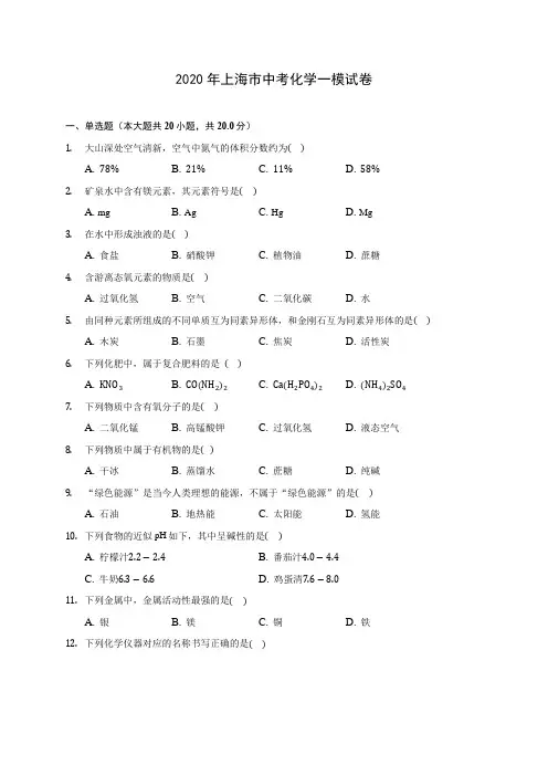 2020年上海市中考化学一模试卷