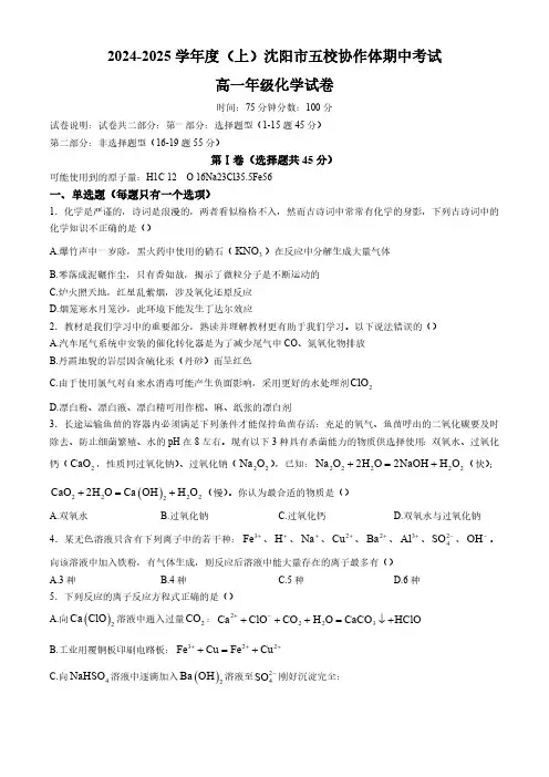 辽宁省沈阳市五校协作体2024-2025学年高一上学期期中考试化学试题(含答案)