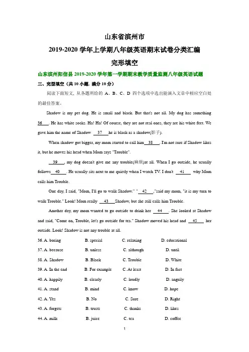 山东省滨州市2019-2020学年上学期八年级英语期末试卷分类汇编：完形填空(部分答案)