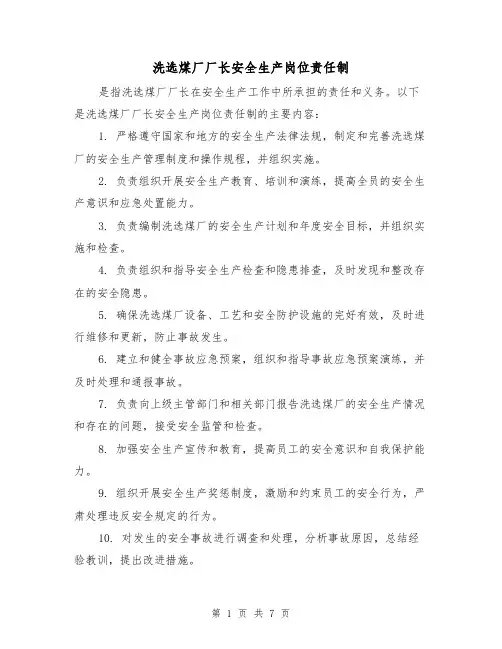 洗选煤厂厂长安全生产岗位责任制（四篇）