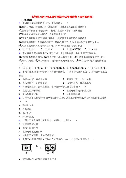 七年级上册生物龙岩生物期末试卷测试卷(含答案解析)