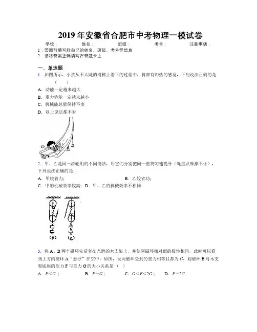 最新2019年安徽省合肥市中考物理一模试卷及解析