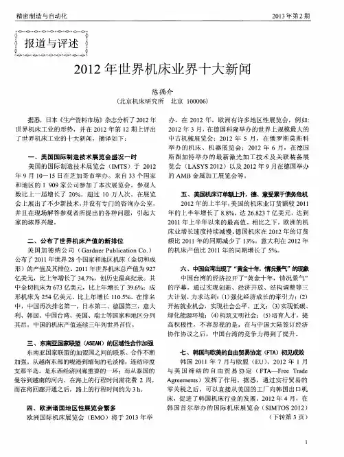 2012年世界机床业界十大新闻