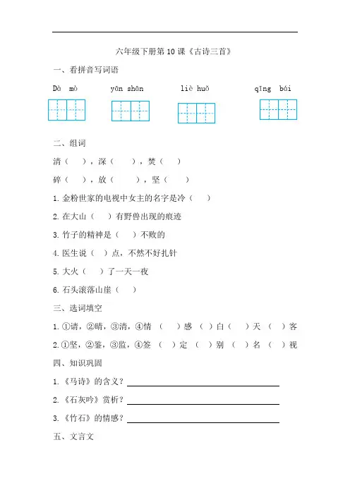 六年级下册语文同步练习 第10课古诗三首(人教部编版,含答案)