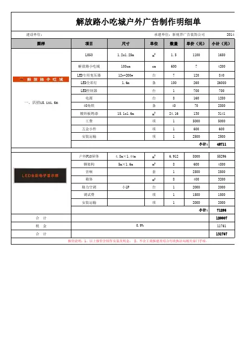 户外广告制作明细单