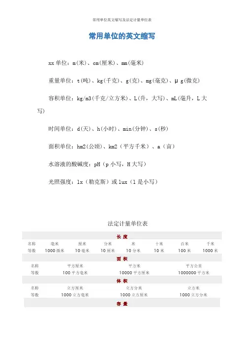 常用单位英文缩写及法定计量单位表