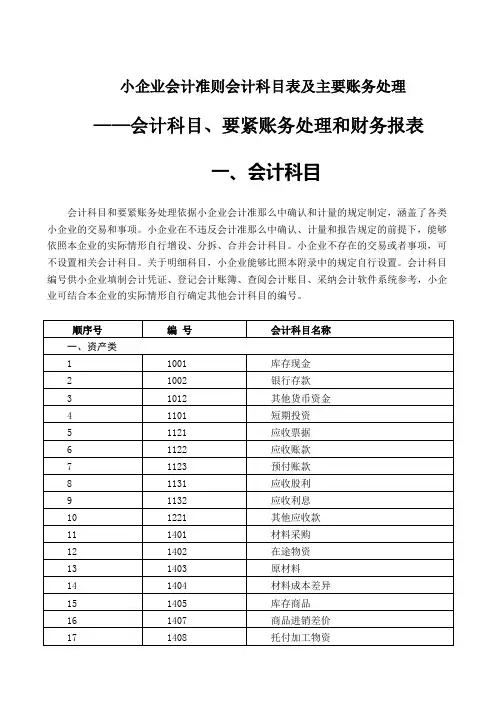 小企业会计准则会计科目表及主要账务处理