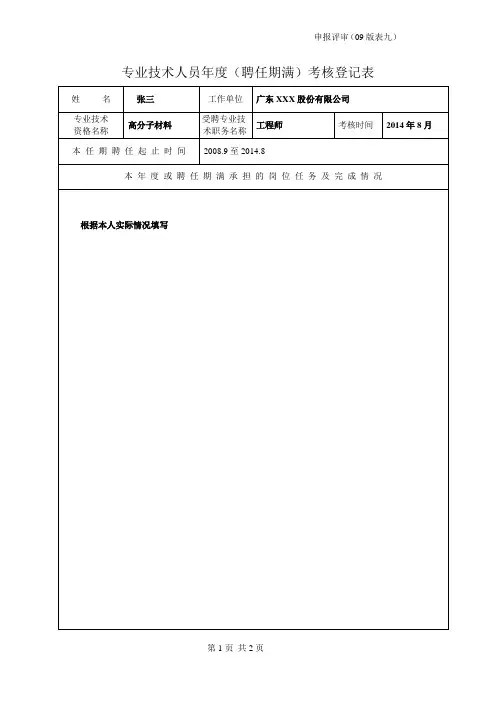 专业技术人员年度(任职期满)考核登记表