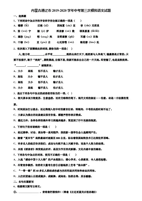 内蒙古通辽市2019-2020学年中考第三次模拟语文试题含解析