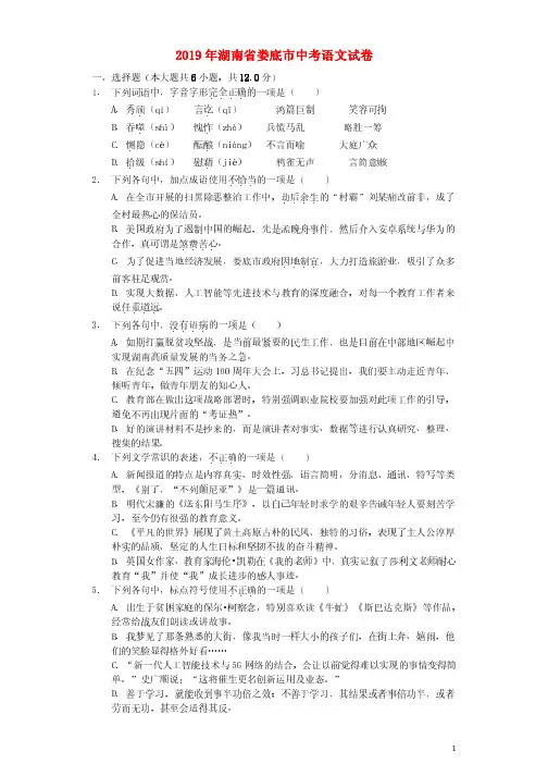 湖南省娄底市2019年中考语文真题试题(含解析)