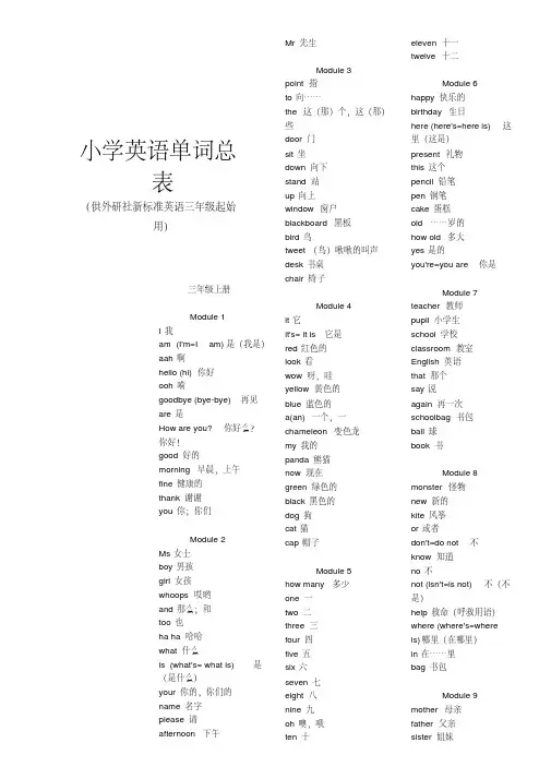 小学英语单词总表(外研版三年级)江西 2