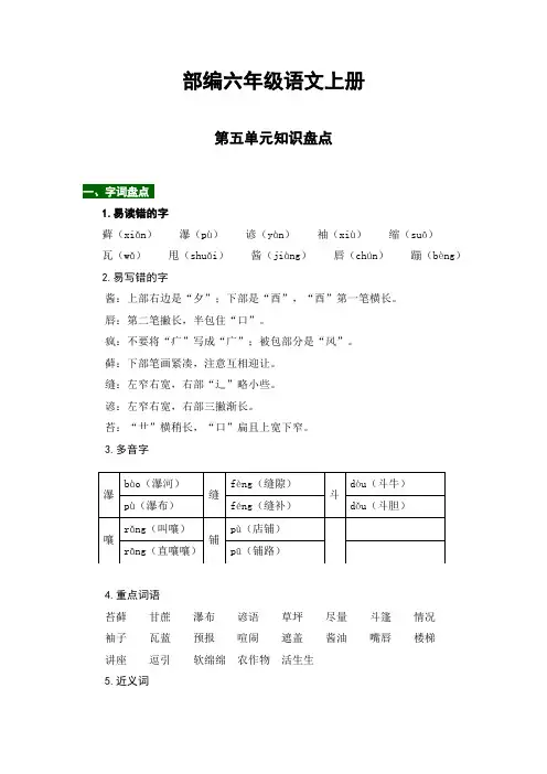 六年级语文上册  【热点难点一网打尽】第五单元知识点汇总(含字词、佳句、感知、考点)(部编版)