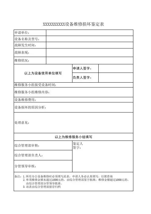 设备回收、维修、损坏鉴定表