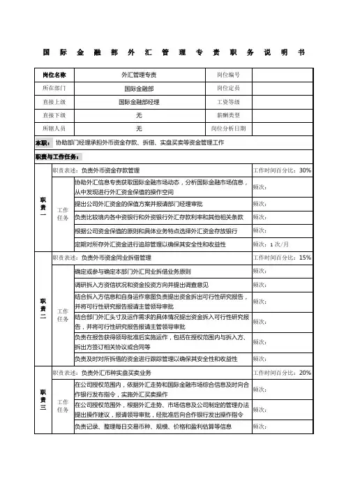 信托投资公司国际金融部外汇管理专责职务说明书
