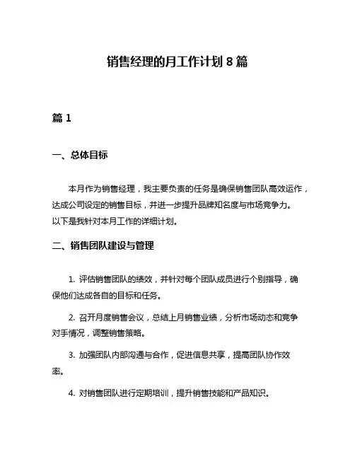 销售经理的月工作计划8篇