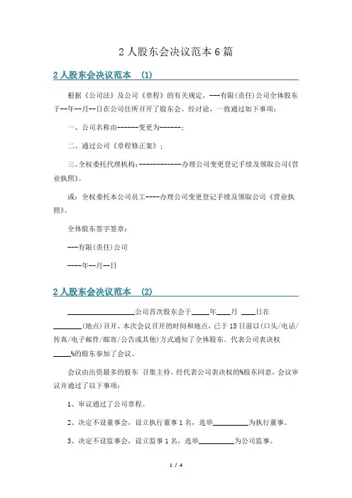 2人股东会决议范本6篇