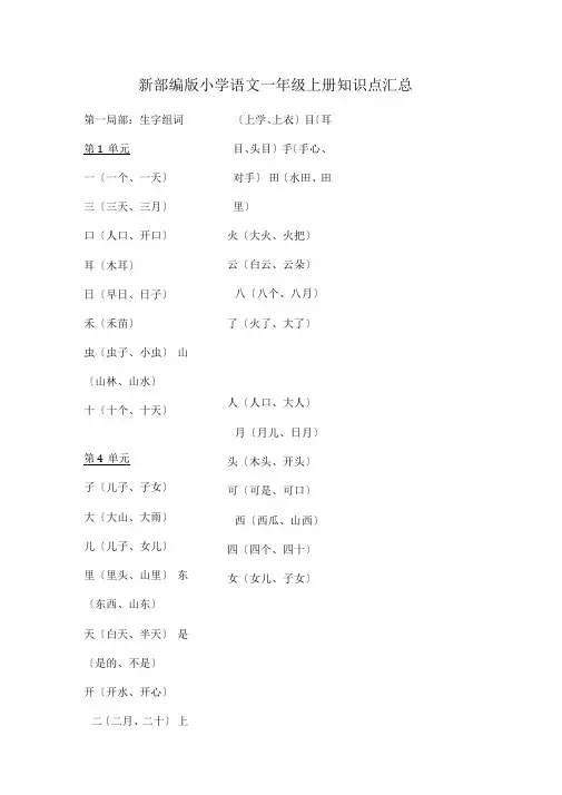 部编人教版小学一年级语文上册知识点汇总