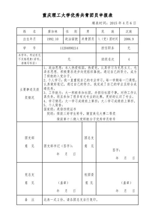 优秀共青团员申报表