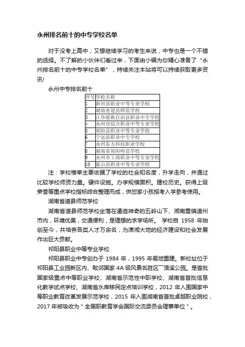 永州排名前十的中专学校名单