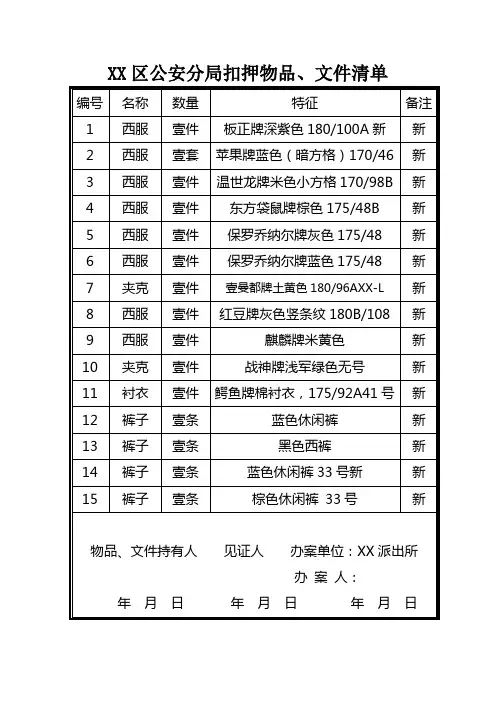 公安机关行政治安案件执法单位出具扣押物品、文件清单示例