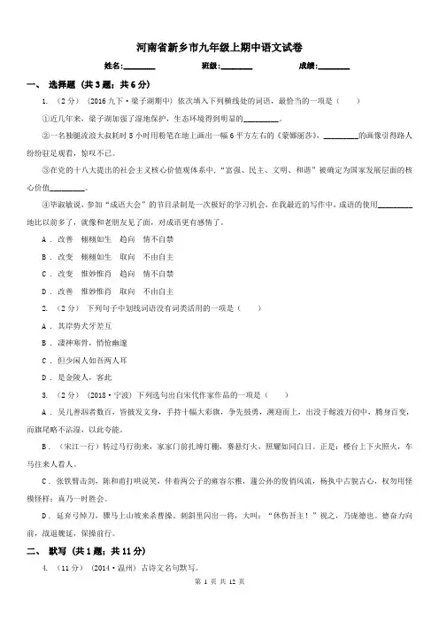 河南省新乡市九年级上期中语文试卷