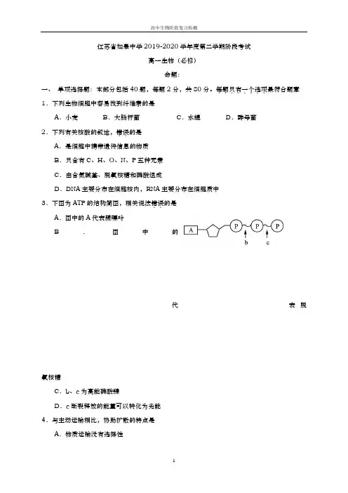 【期末必刷】江苏省如皋中学2019-2020学年高一6月阶段考试生物试题(必修)