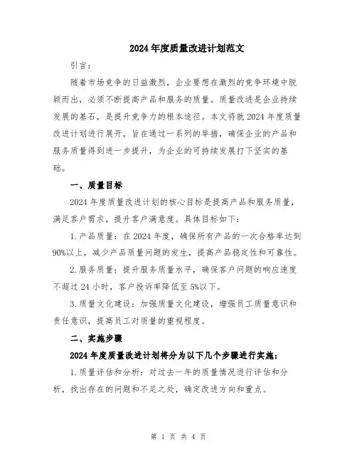 2024年度质量改进计划范文