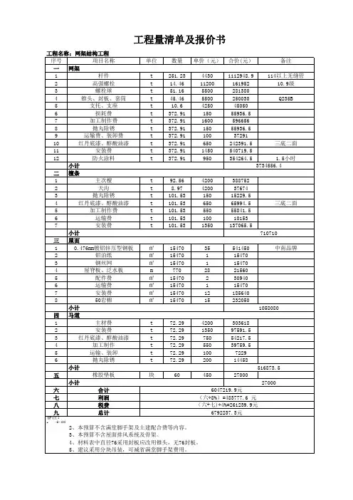 网架结构工程量清单及报价书1