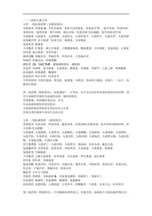 一二三线抗生素分类