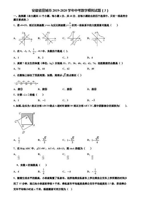 安徽省宣城市2019-2020学年中考数学模拟试题(3)含解析