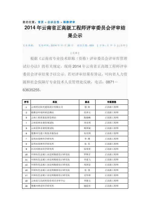 2014年云南省正高级工程师通过名单
