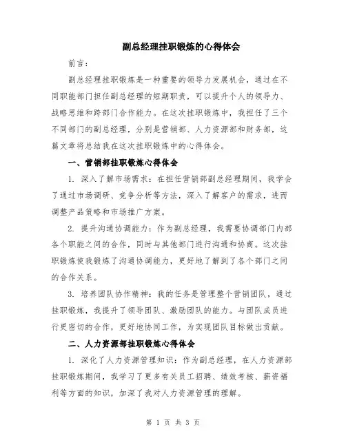 副总经理挂职锻炼的心得体会