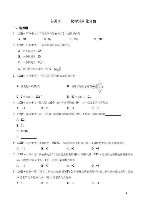 专项05 化学式和化合价-2019-2020学年九年级化学期末复习专项训练(人教版上学期)