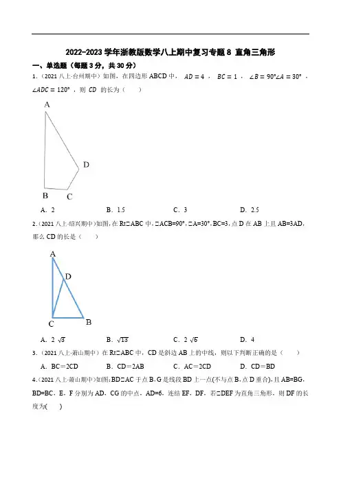 2022-2023学年浙教版数学八上期中复习专题8 直角三角形(学生版)