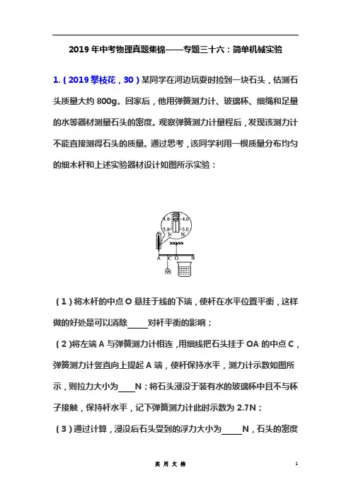 2019年中考物理真题集锦——专题三十六：简单机械实验(word版含答案)