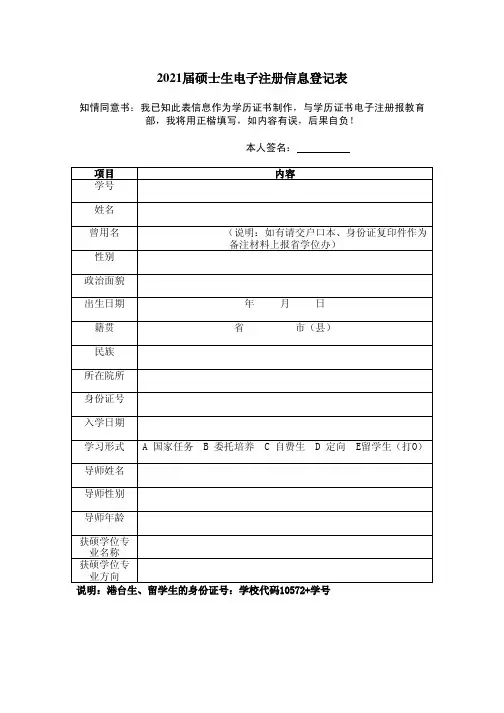 2021年届硕士生电子注册信息登记表