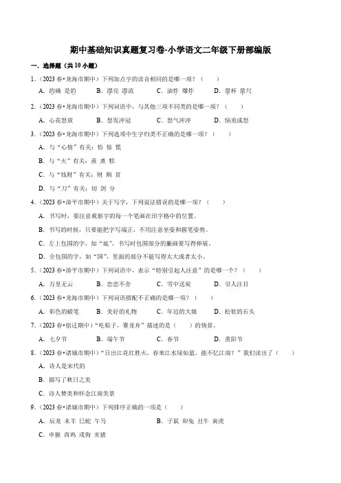 期中基础知识真题复习卷-2022-2023学年语文二年级下册(部编版)