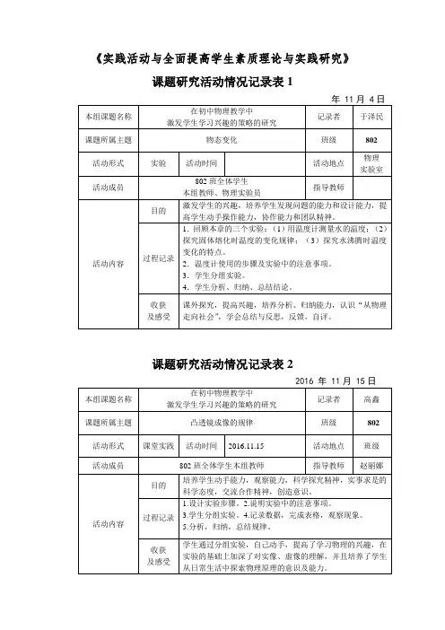 中学生课题研究活动情况记录表