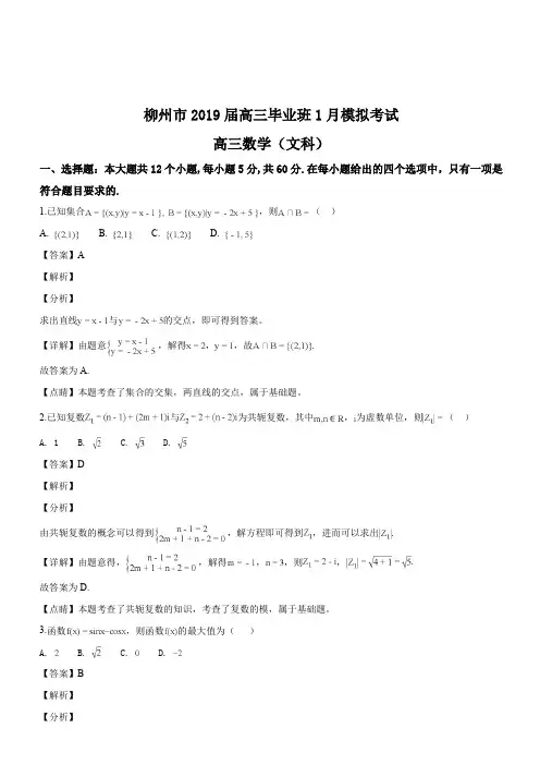 广西柳州市2019届高三1月模拟考试数学(文科)试题(解析版)