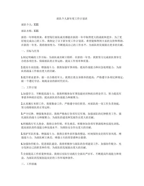 部队个人新年度工作计划表