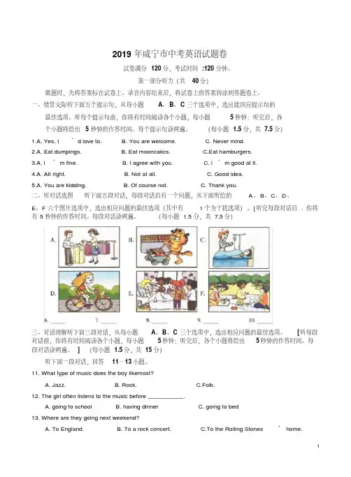 2019年咸宁市中考英语试题卷附答案解析