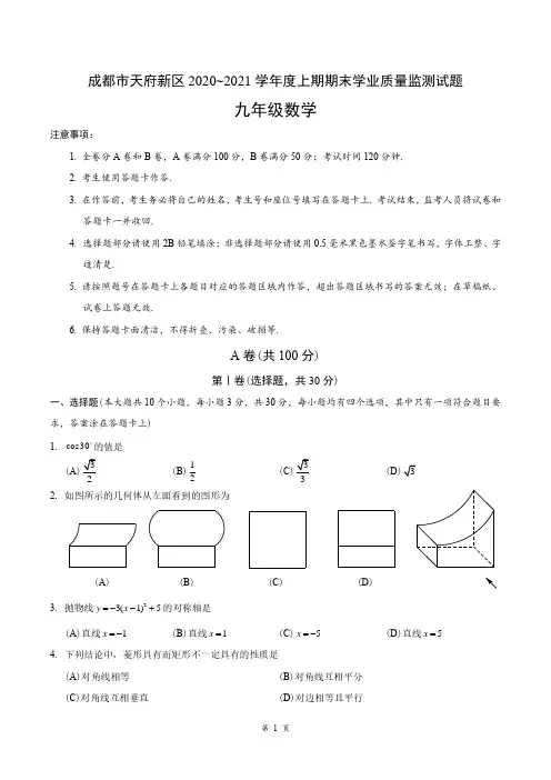 成都市天府新区2020-2021学年上学期期末考试九年级数学试卷(一诊)(含答案)