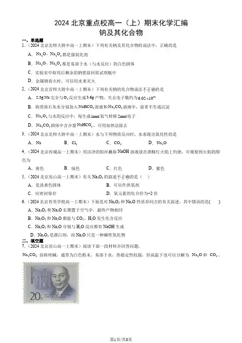 2024北京重点校高一(上)期末化学汇编：钠及其化合物