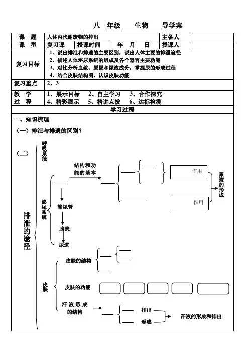 济南版生物七年级下册 3.4人体内代谢废物的排出导学案
