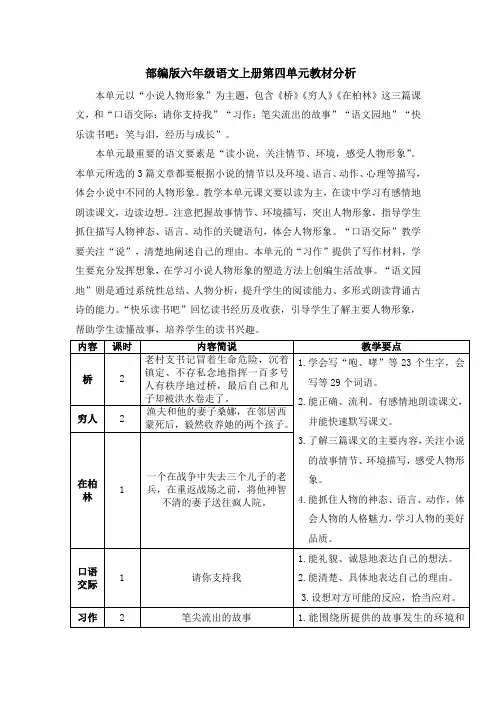 最新部编版六年级语文上册第四单元教材分析