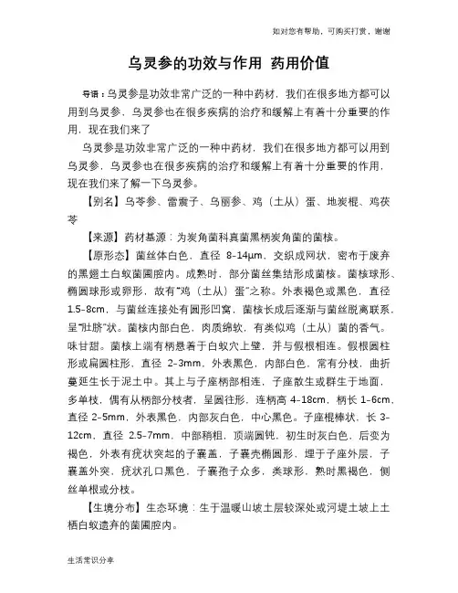乌灵参的功效与作用 药用价值