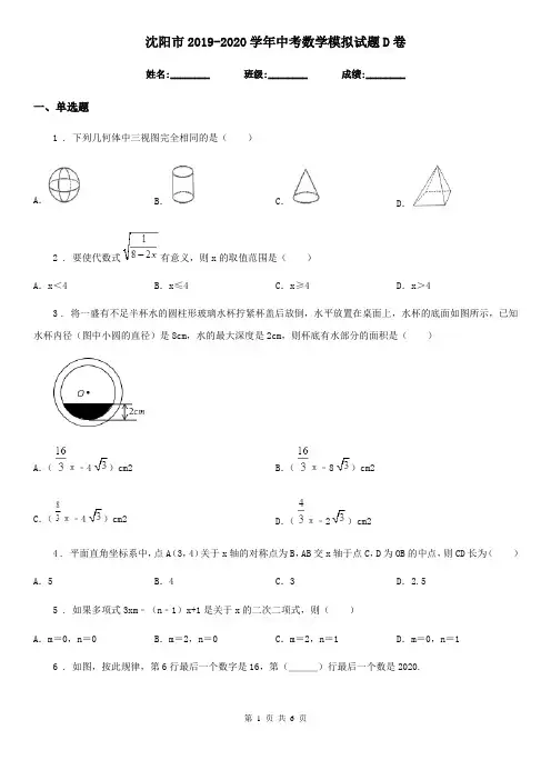 沈阳市2019-2020学年中考数学模拟试题D卷