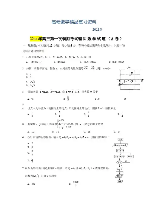 2019年河北省保定市高三第一次模拟考试数学(理)A卷及答案