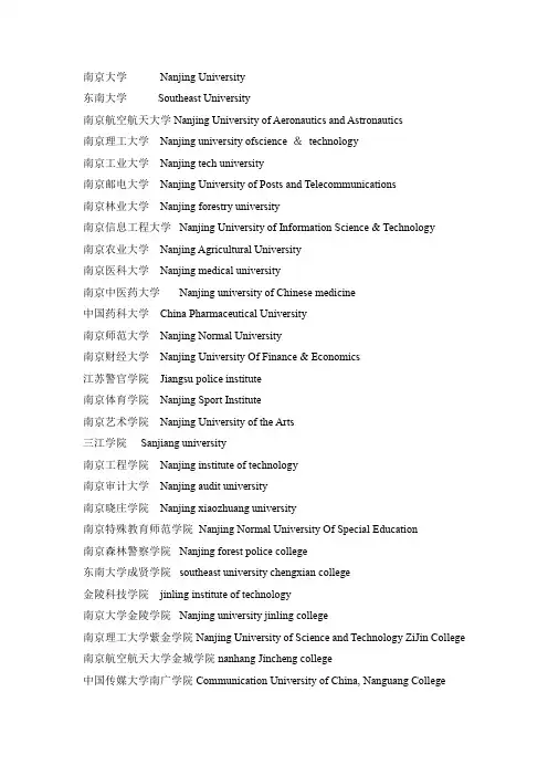 南京高校中英文校名集锦