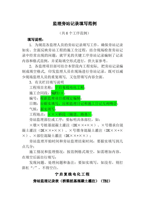 监理旁站记录表填写范例